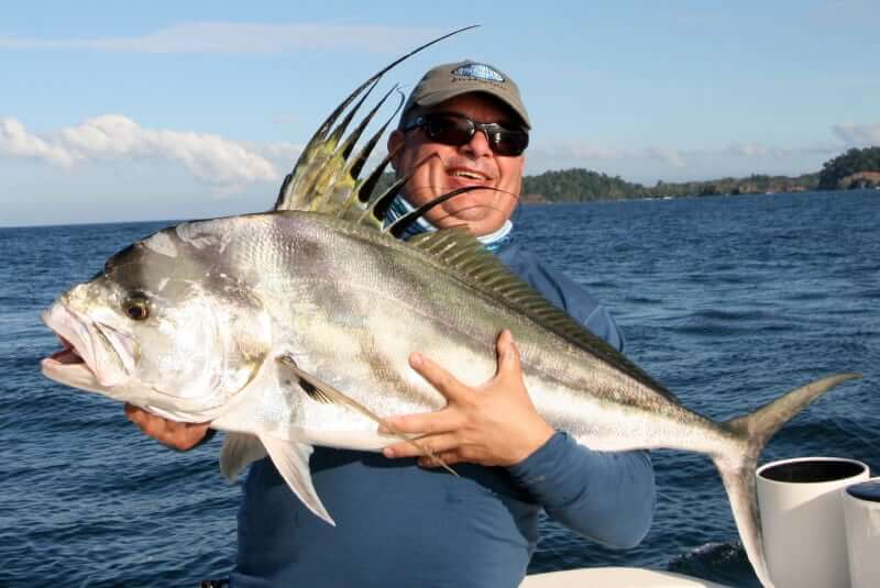 Angler holding Panama trophy roosterfish fish getting ready to release