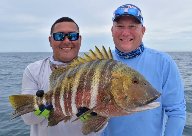 Our mate Juan holding a Mexican Barred Snapper or Mexican Barred Pargo or ‘Rocquero’, with angler 