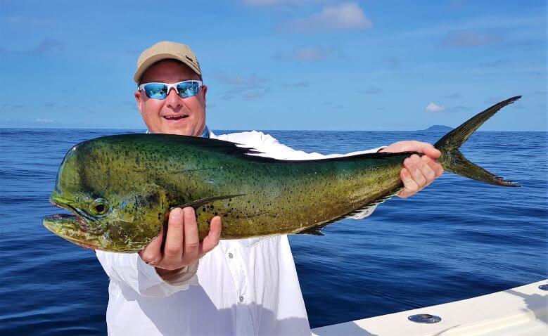 Angler with sunglasses posing with Dorado, also known as ‘Mahi-Mahi’ or ‘Dolphin’ .Isla Montuosa, Panama in background.