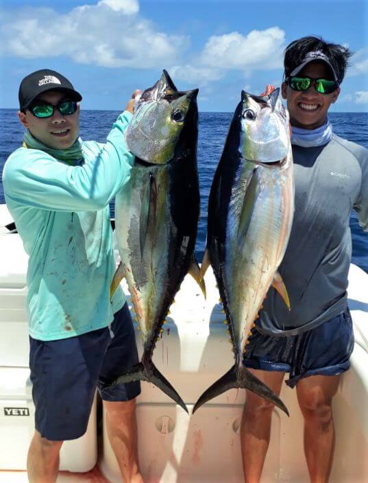 Anglers posing with yellowfin tunas