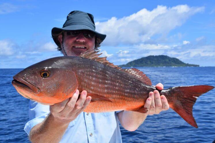 Angler posing with mutton snapper. Isla Montuosa, Panama in background.