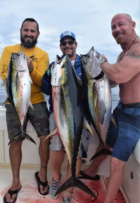 3 Smiling anglers holding 3 Yellowfin tunas