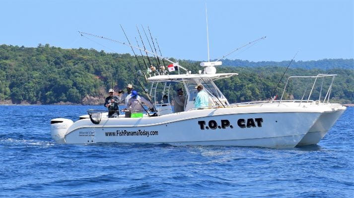 "Top Cat" a World Cat catamaran on the water fishing of Isla Parida, Panama