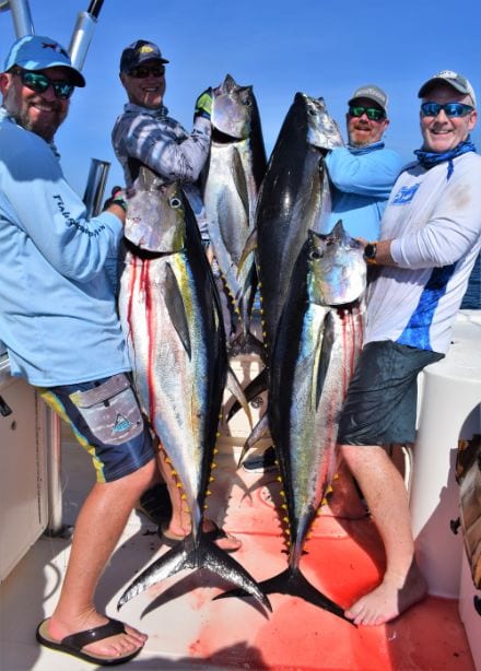 4 anglers holding 4 yellowfin tuna while posing for picture