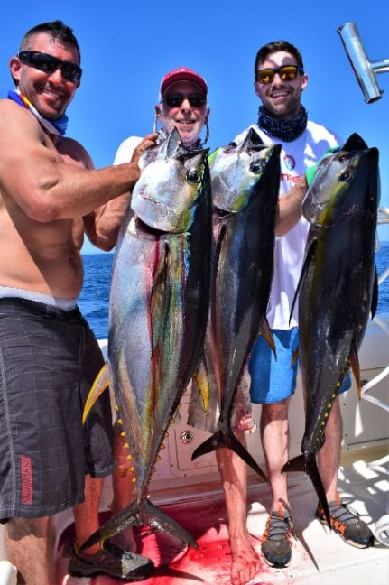 3 anglers posing with 3 yellowfin tuna