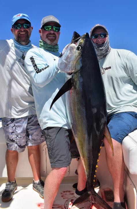 3 anglers posing with yellowfin tuna