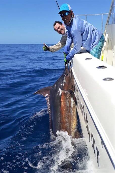Mate releasing black marlin alongside a World Cat catamaran.  Sport Fish Panama Island Lodge