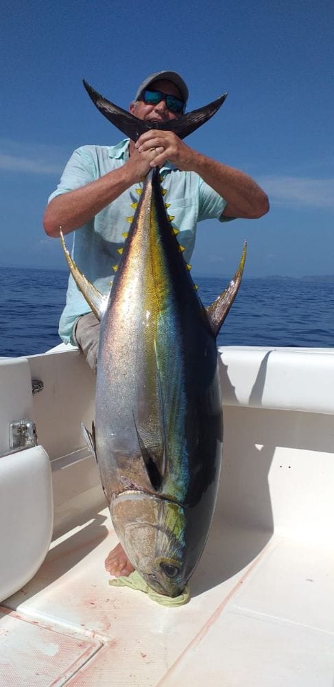 Angler posing for picture holding 150 pound yellowfin tuna