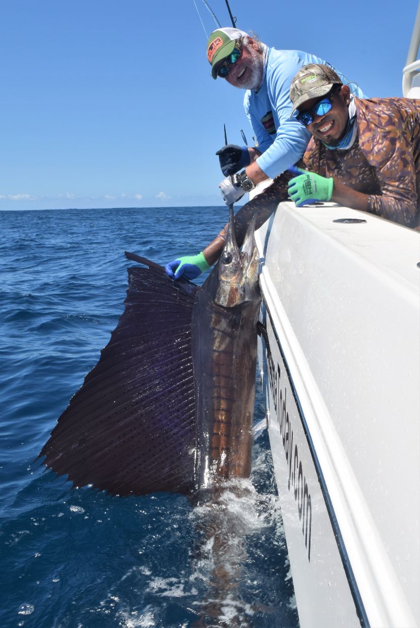Mate and angler holding sailfish alongside World Cat 