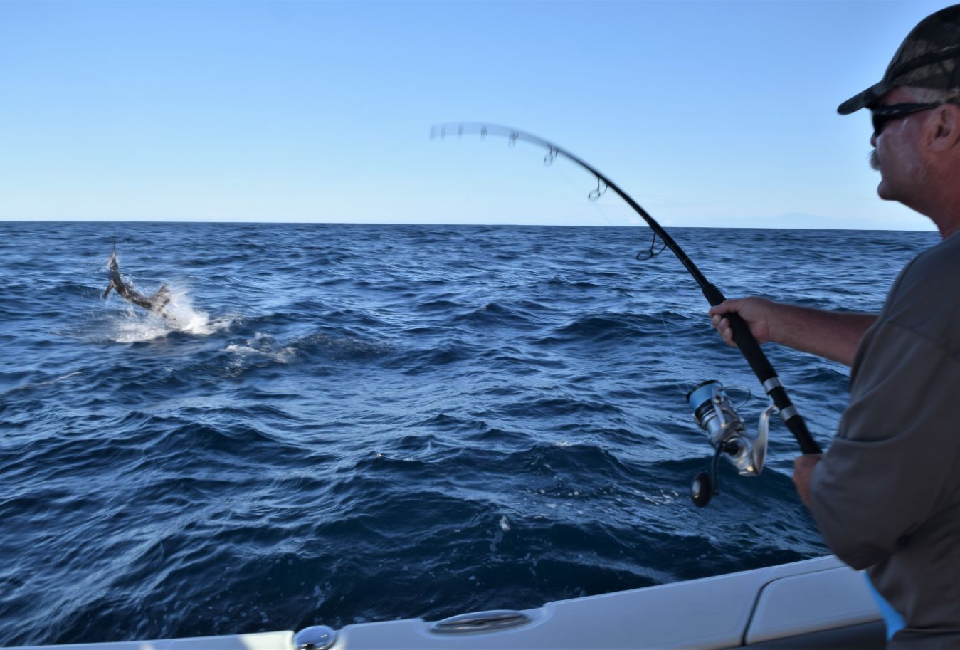 Angler with spinning tackle fighting a hooked sailfish
